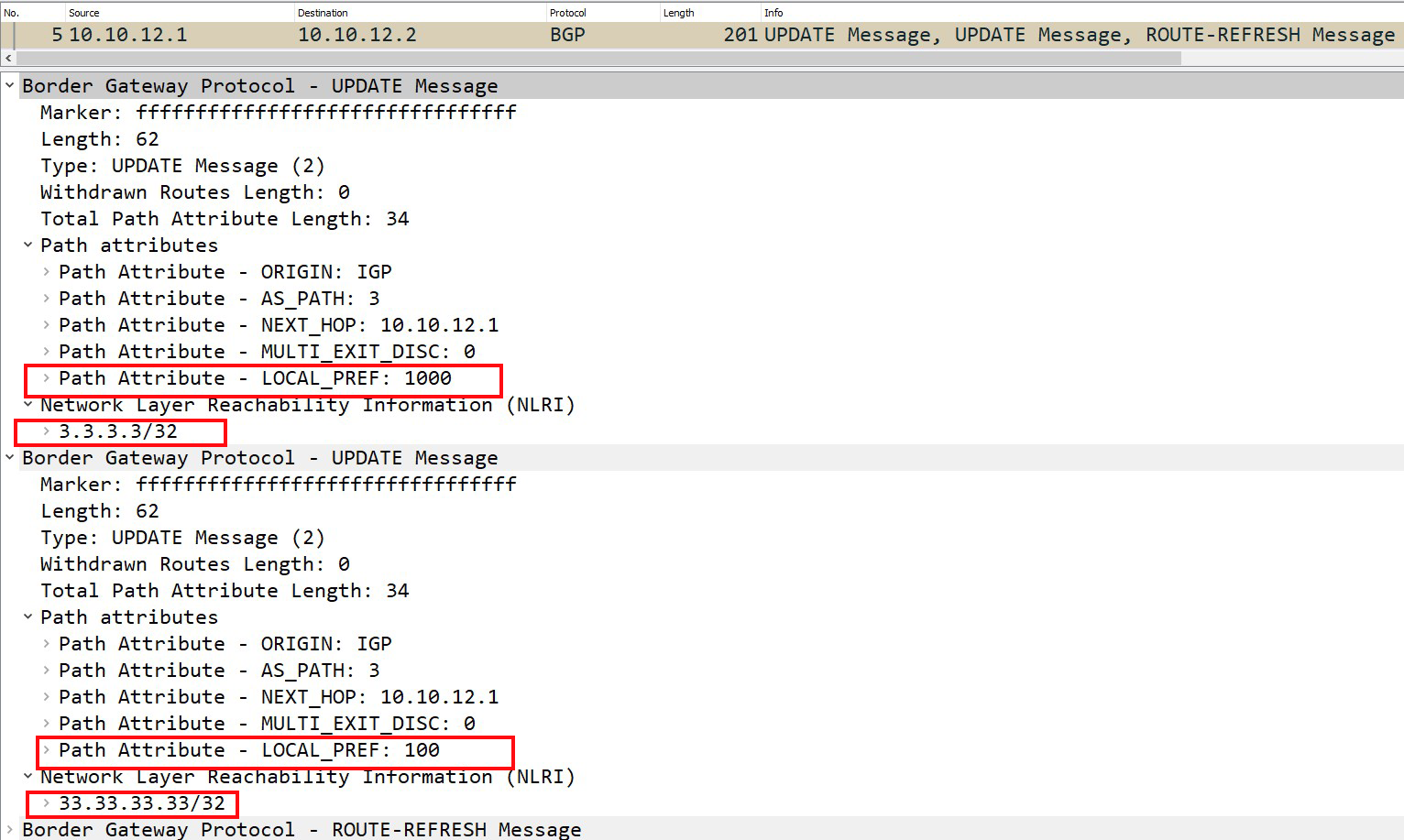 Wireshark capture of a BGP update message from R1 to R2 showing increased local preference for specific networks.