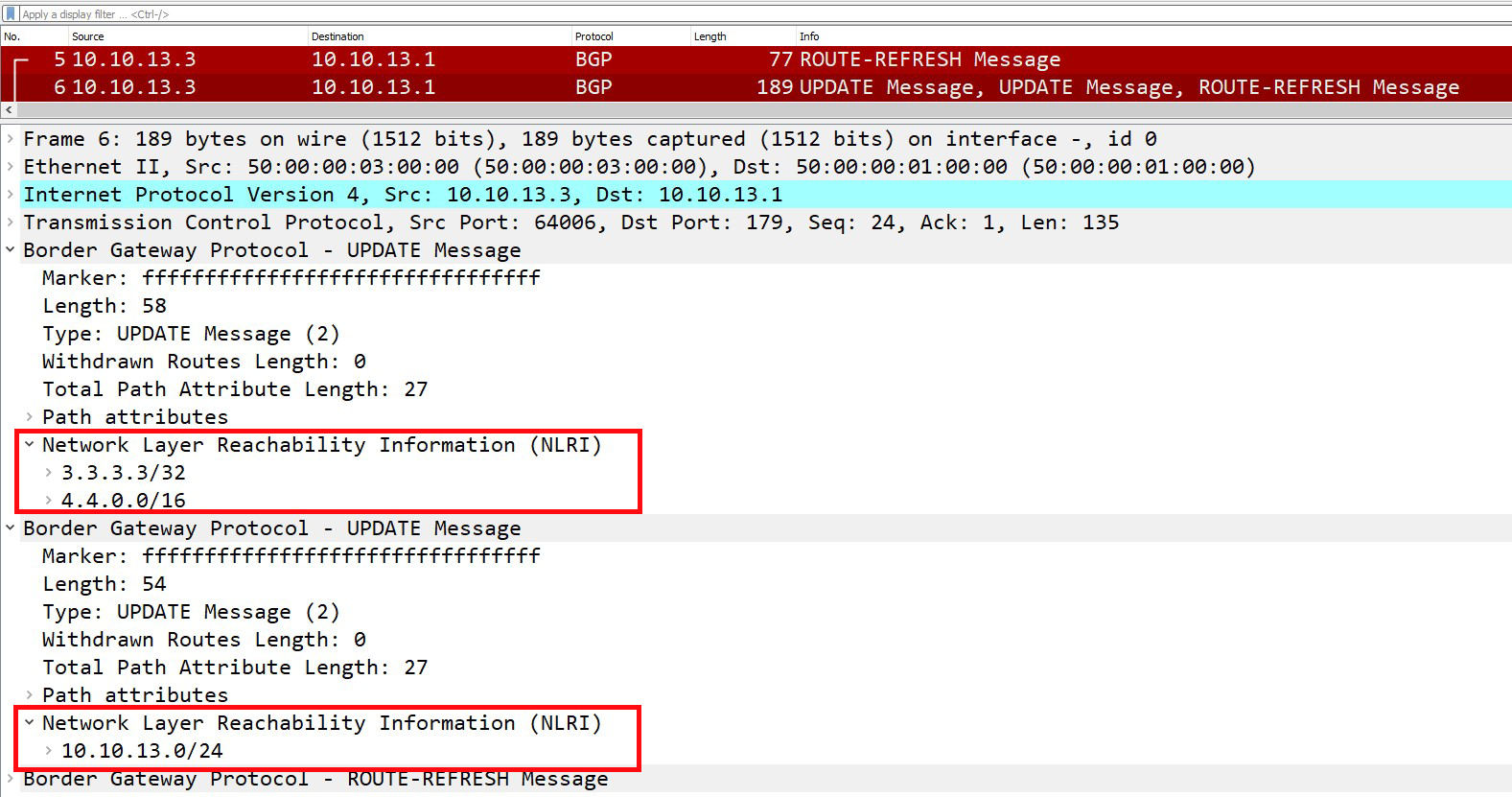 Wireshark capture displaying a BGP update message with three networks advertised.